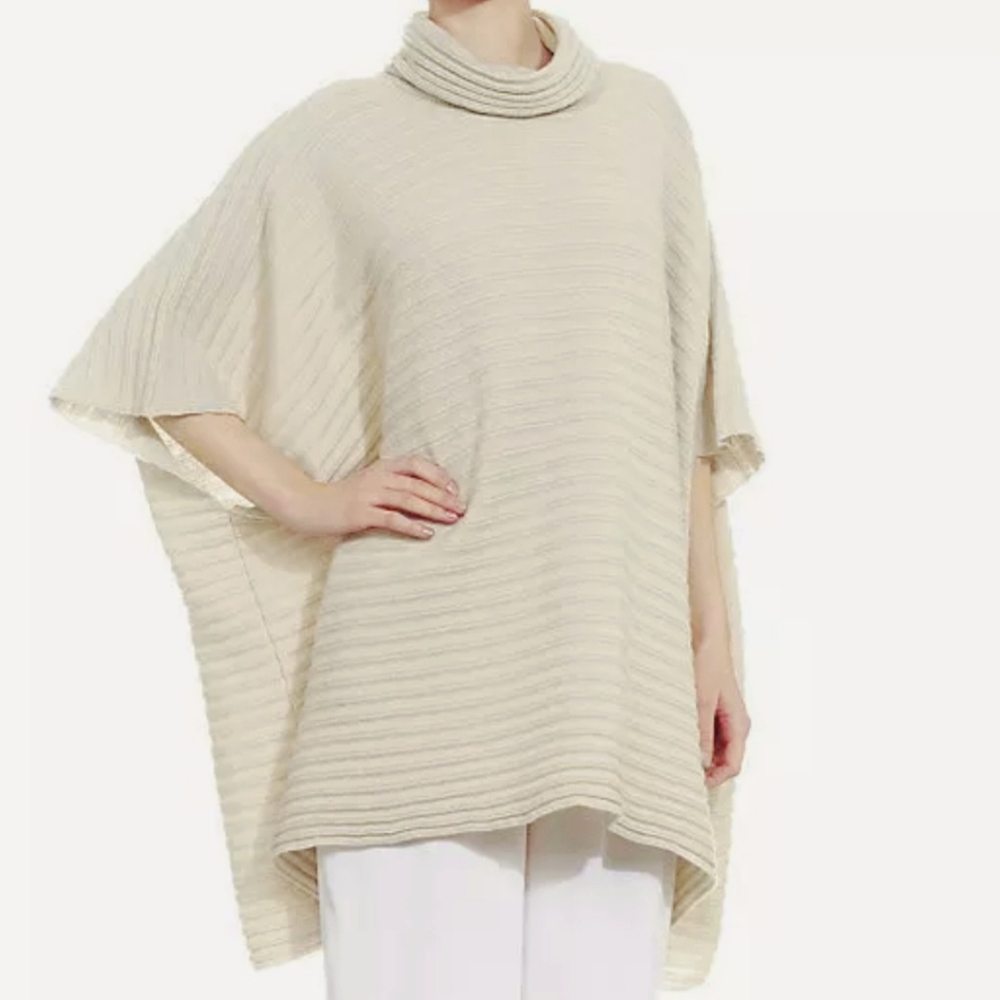 Eskandar 100% Cashmere Ribbed Knit Cowl Neck Poncho Sweater O/S